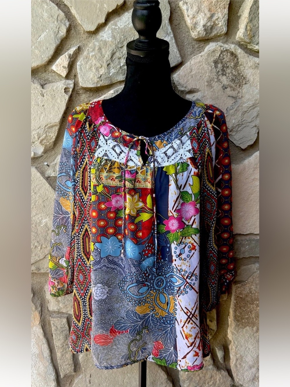 New Directions Tunic Top Popover Blouse Size Medium Multicolor Chiffon